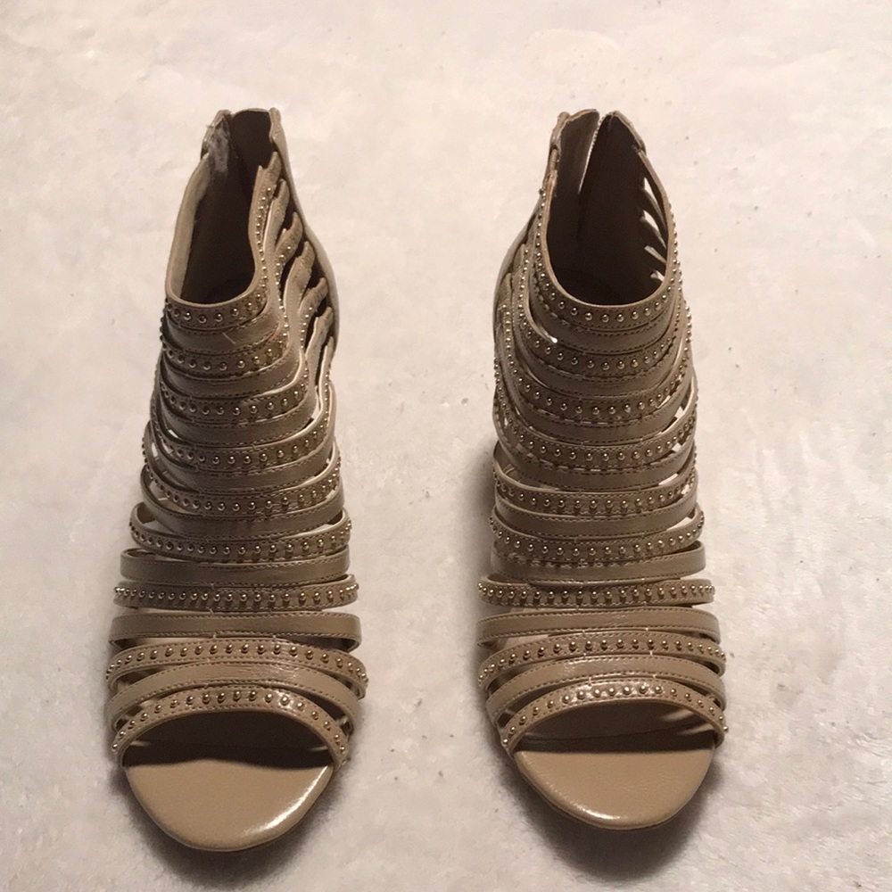 Gold and nude open toe heels